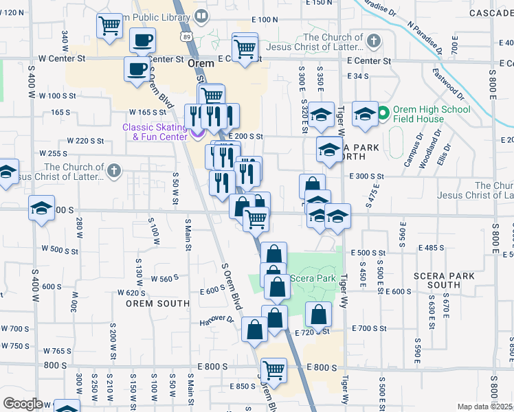 map of restaurants, bars, coffee shops, grocery stores, and more near 397 State Street in Orem