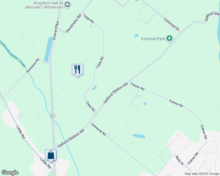 map of restaurants, bars, coffee shops, grocery stores, and more near 214 Salford Station Road in Perkiomenville
