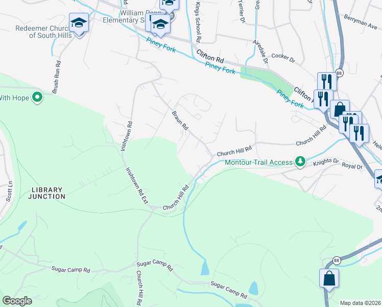 map of restaurants, bars, coffee shops, grocery stores, and more near 1230 Braun Road in Bethel Park
