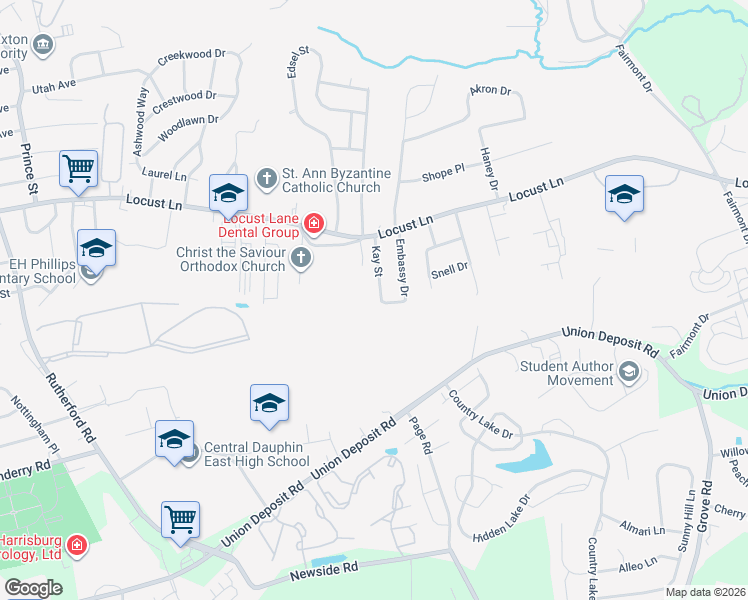 map of restaurants, bars, coffee shops, grocery stores, and more near 1520 Kay Street in Harrisburg