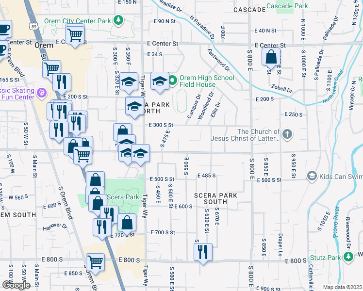 map of restaurants, bars, coffee shops, grocery stores, and more near 377 South 530 East in Orem