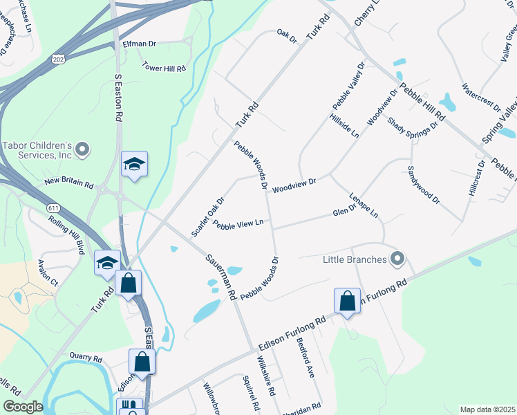 map of restaurants, bars, coffee shops, grocery stores, and more near 75 Pebble Woods Drive in Doylestown