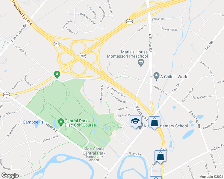 map of restaurants, bars, coffee shops, grocery stores, and more near 2 Charter Oak Ct in Doylestown