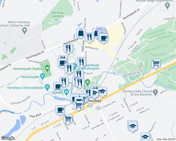 map of restaurants, bars, coffee shops, grocery stores, and more near 30 East Derry Road in Hershey