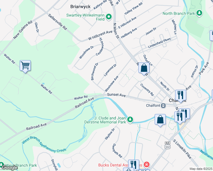 map of restaurants, bars, coffee shops, grocery stores, and more near 77 Westview Avenue in Chalfont