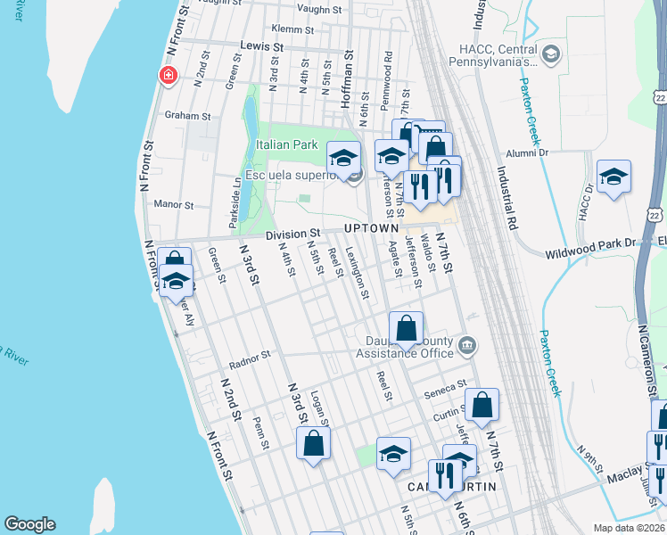 map of restaurants, bars, coffee shops, grocery stores, and more near 2712 Reel Street in Harrisburg