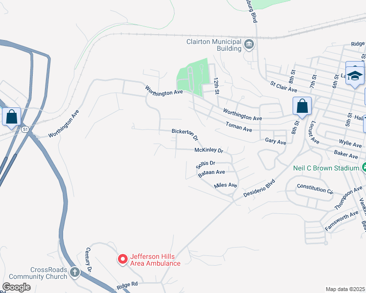 map of restaurants, bars, coffee shops, grocery stores, and more near 1233 McKinley Drive in Clairton
