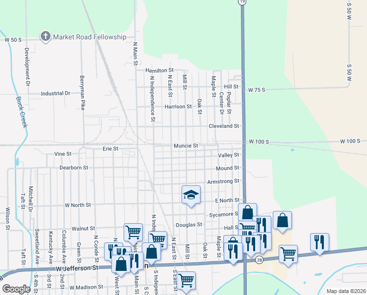 map of restaurants, bars, coffee shops, grocery stores, and more near 536 Mill Street in Tipton
