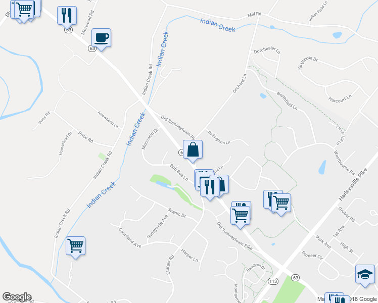 map of restaurants, bars, coffee shops, grocery stores, and more near 745 Main Street in Harleysville
