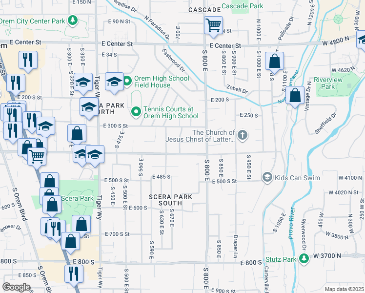 map of restaurants, bars, coffee shops, grocery stores, and more near 375 South 700 East Street in Orem