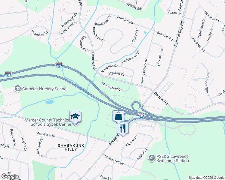 map of restaurants, bars, coffee shops, grocery stores, and more near 165 Shrewsbury Court in Pennington