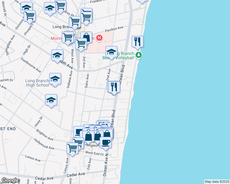 map of restaurants, bars, coffee shops, grocery stores, and more near 32 Cottage Place in Long Branch