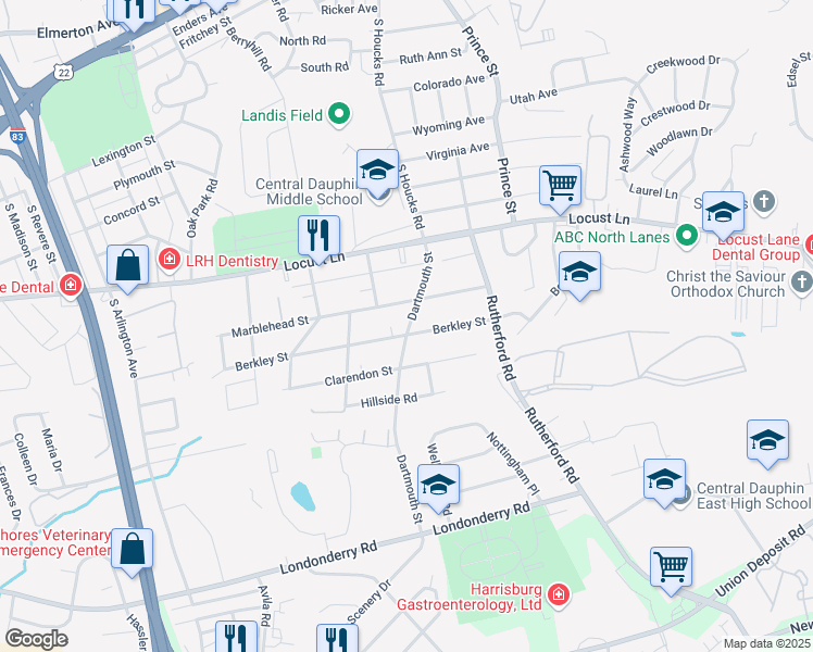 map of restaurants, bars, coffee shops, grocery stores, and more near 25 Dartmouth Street in Harrisburg
