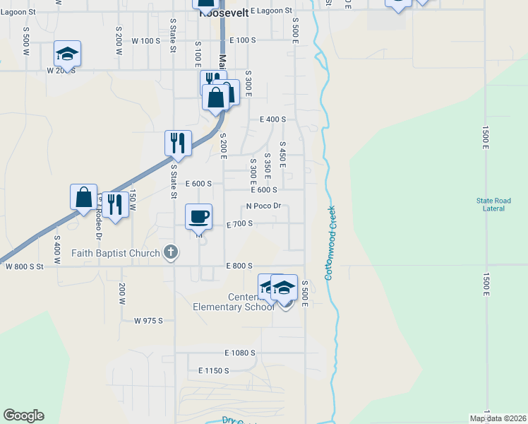 map of restaurants, bars, coffee shops, grocery stores, and more near 355 East 700 South in Roosevelt