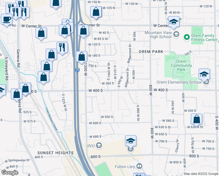 map of restaurants, bars, coffee shops, grocery stores, and more near 1058 West 400 South in Orem