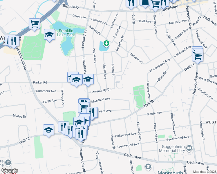 map of restaurants, bars, coffee shops, grocery stores, and more near 41 Community Drive in West Long Branch