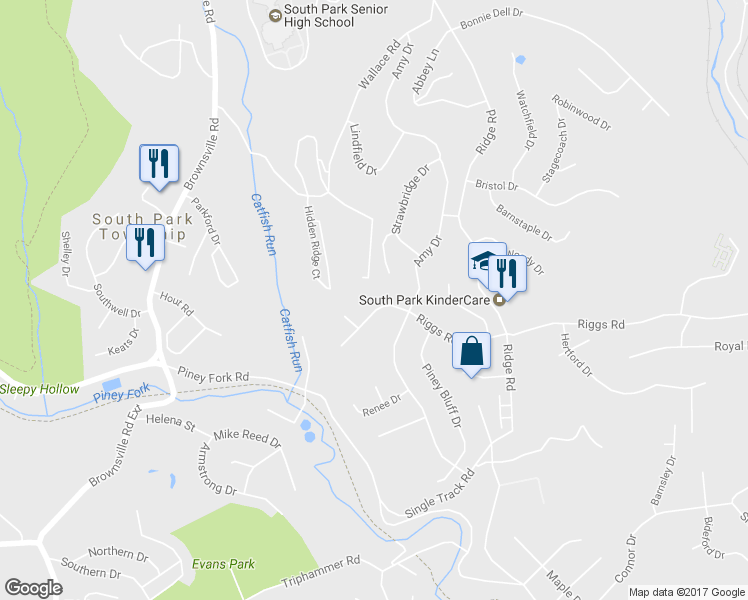 map of restaurants, bars, coffee shops, grocery stores, and more near 1910 Riggs Road in South Park Township