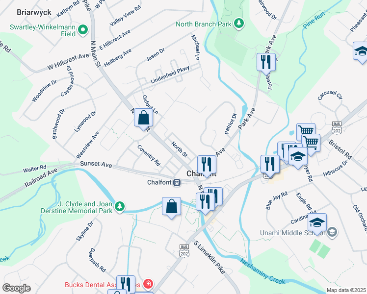 map of restaurants, bars, coffee shops, grocery stores, and more near 172 Chestnut Street in Chalfont