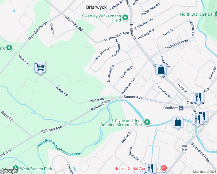 map of restaurants, bars, coffee shops, grocery stores, and more near 131 Birchwood Drive in Chalfont