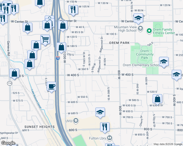 map of restaurants, bars, coffee shops, grocery stores, and more near 1004 West 400 North in Orem