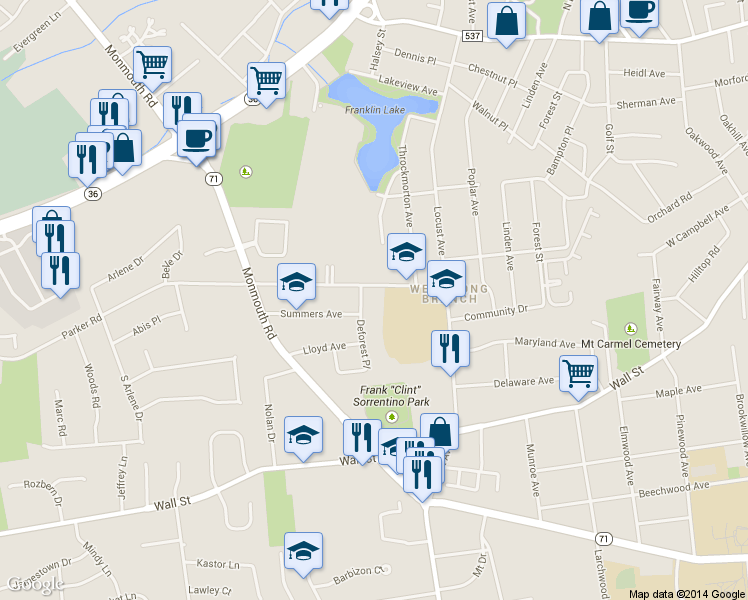 map of restaurants, bars, coffee shops, grocery stores, and more near 8 Deforest Place in West Long Branch