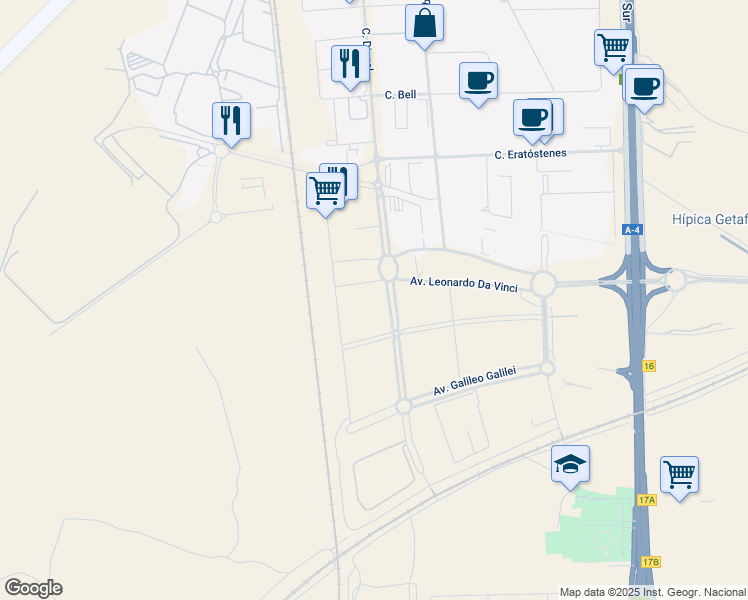 map of restaurants, bars, coffee shops, grocery stores, and more near 18 Calle Miguel Faraday in Getafe