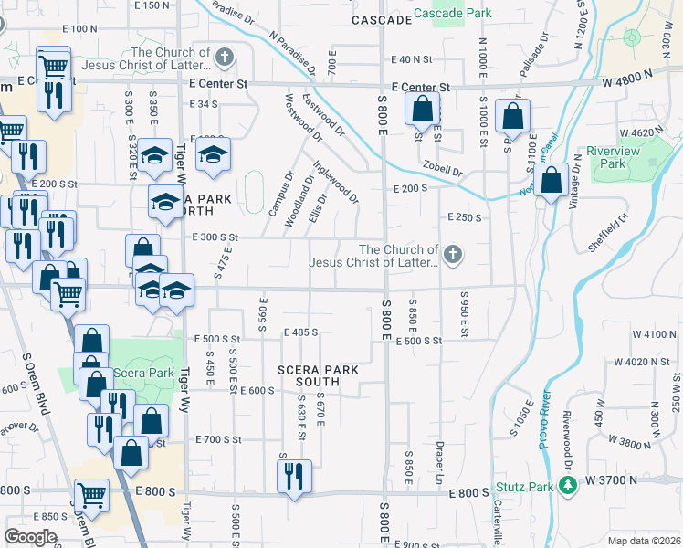 map of restaurants, bars, coffee shops, grocery stores, and more near 735 East 400 South in Orem