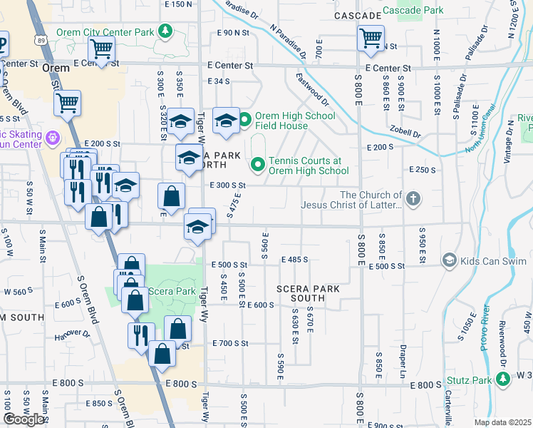 map of restaurants, bars, coffee shops, grocery stores, and more near 377 South 530 East in Orem