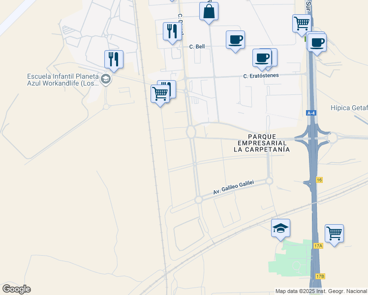 map of restaurants, bars, coffee shops, grocery stores, and more near 18 Calle Miguel Faraday in Getafe
