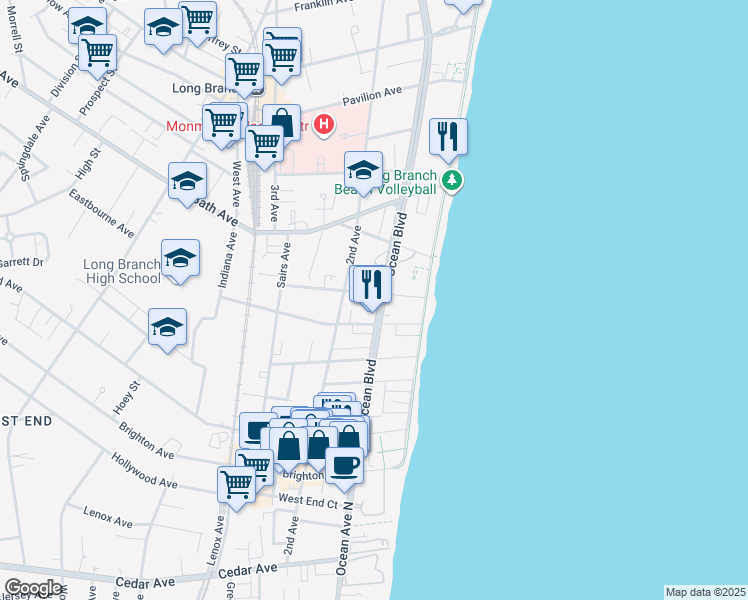 map of restaurants, bars, coffee shops, grocery stores, and more near 32 Cottage Place in Long Branch