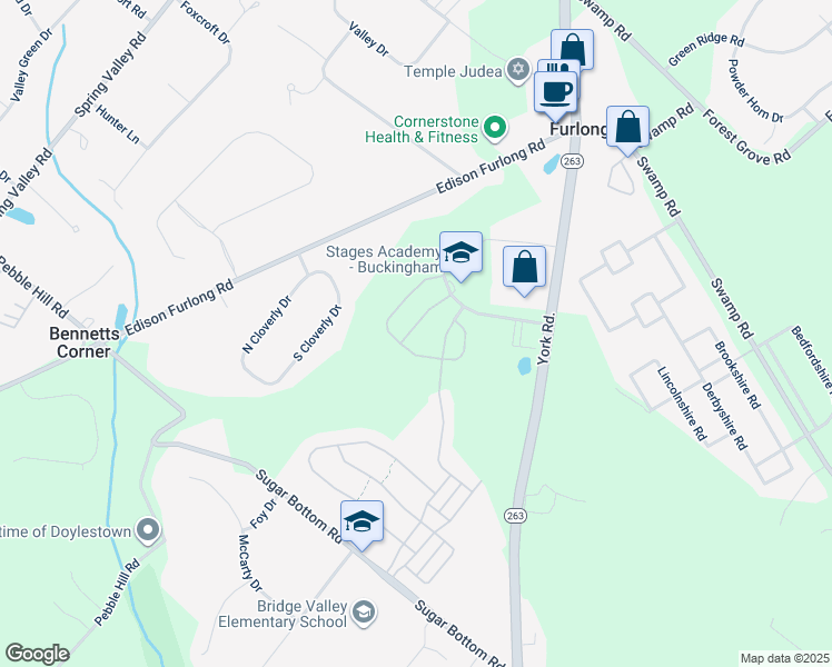 map of restaurants, bars, coffee shops, grocery stores, and more near 3205 Whisper Lane in Furlong