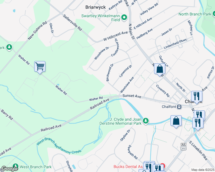 map of restaurants, bars, coffee shops, grocery stores, and more near 131 Birchwood Drive in Chalfont