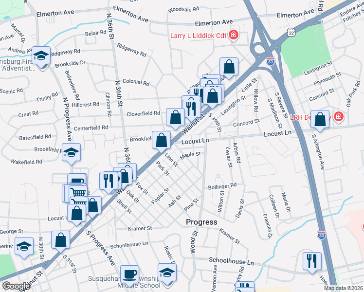 map of restaurants, bars, coffee shops, grocery stores, and more near 386 Chestnut Avenue in Harrisburg