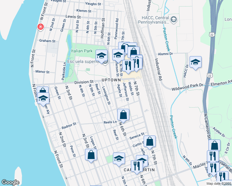 map of restaurants, bars, coffee shops, grocery stores, and more near 2661 North 6th Street in Harrisburg