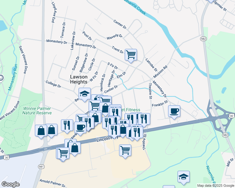map of restaurants, bars, coffee shops, grocery stores, and more near 1226 Mission Road in Latrobe