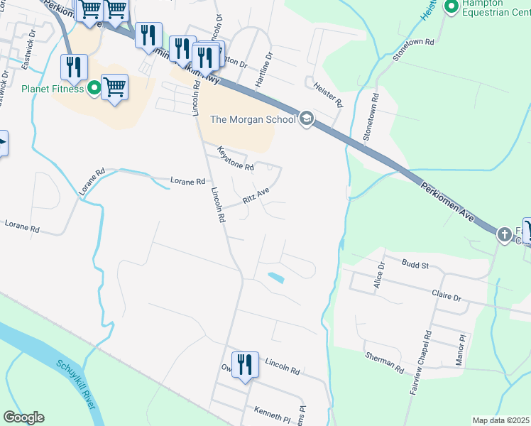 map of restaurants, bars, coffee shops, grocery stores, and more near 129 Ritz Avenue in Reading