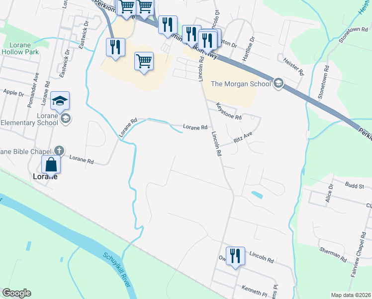 map of restaurants, bars, coffee shops, grocery stores, and more near 627 Hall Avenue in Reading