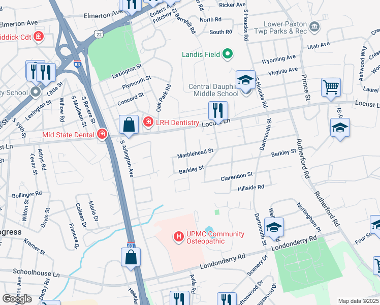 map of restaurants, bars, coffee shops, grocery stores, and more near 12 Pearl Street in Harrisburg