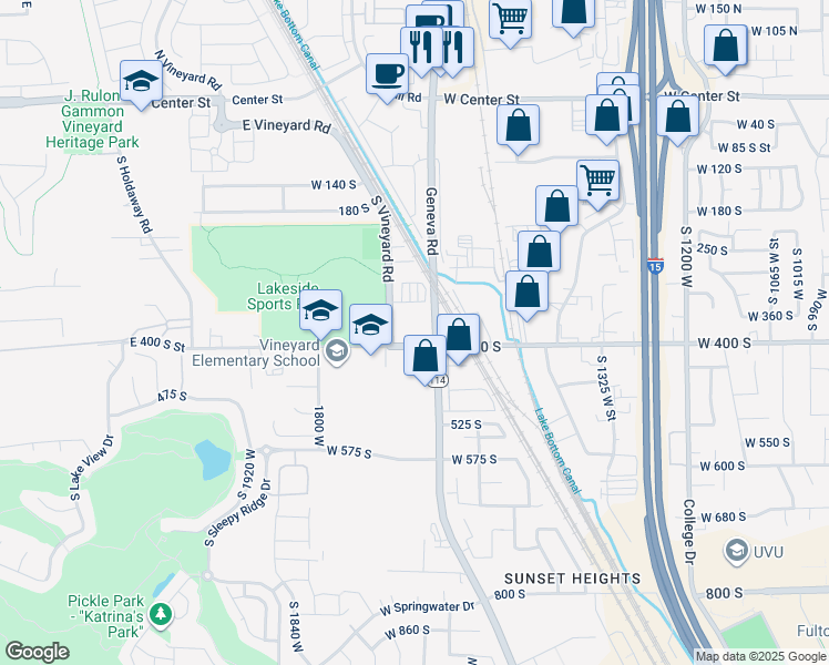 map of restaurants, bars, coffee shops, grocery stores, and more near 391 South Vineyard Road in Orem