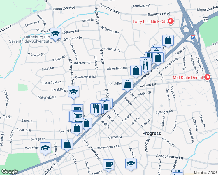 map of restaurants, bars, coffee shops, grocery stores, and more near 3601 Brookfield Road in Harrisburg