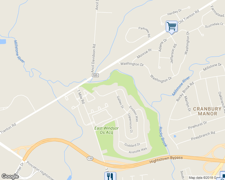 map of restaurants, bars, coffee shops, grocery stores, and more near 160 Einstein Way in East Windsor