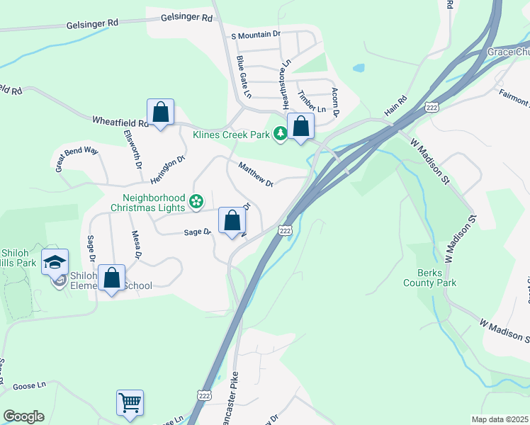 map of restaurants, bars, coffee shops, grocery stores, and more near 207 Charles Boulevard in Sinking Spring