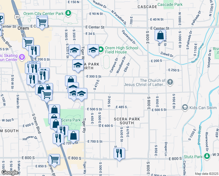 map of restaurants, bars, coffee shops, grocery stores, and more near 377 South 530 East in Orem