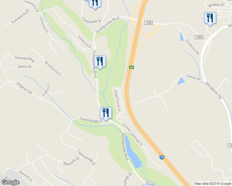 map of restaurants, bars, coffee shops, grocery stores, and more near 831 Eagle Pointe Drive in Canonsburg