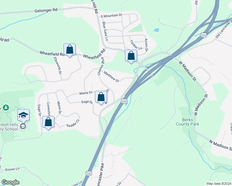 map of restaurants, bars, coffee shops, grocery stores, and more near 207 Charles Boulevard in Sinking Spring