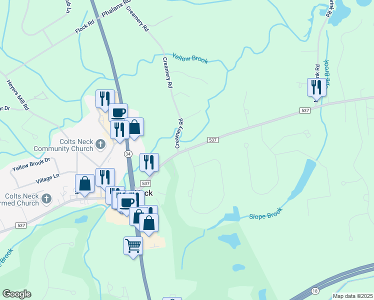 map of restaurants, bars, coffee shops, grocery stores, and more near 50 County Road 537 in Colts Neck