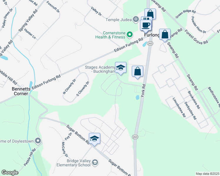 map of restaurants, bars, coffee shops, grocery stores, and more near 3217 Whisper Lane in Furlong