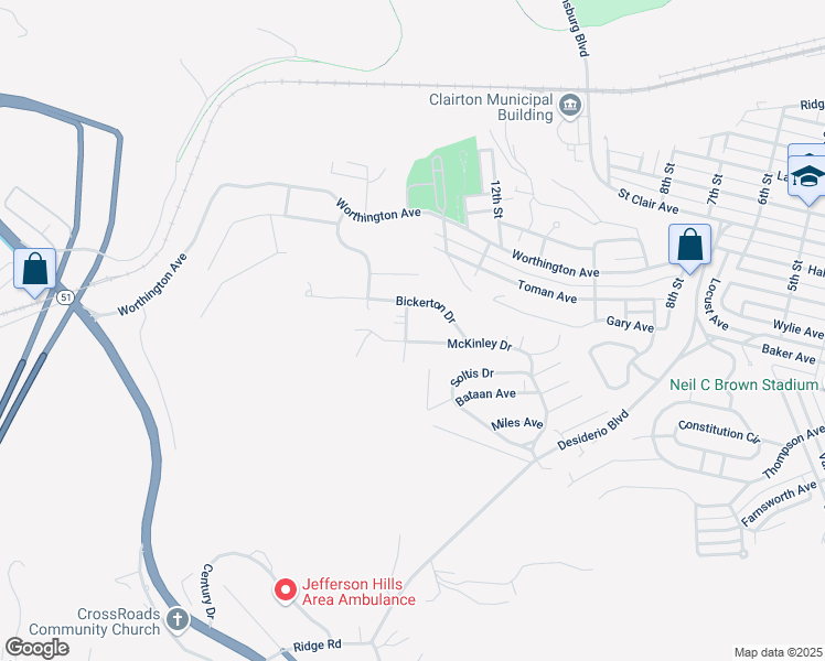 map of restaurants, bars, coffee shops, grocery stores, and more near 1233 McKinley Drive in Clairton