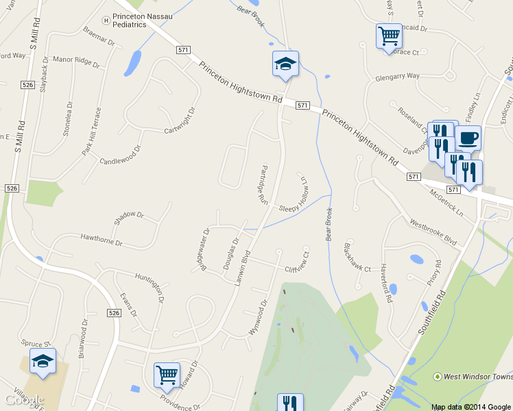 map of restaurants, bars, coffee shops, grocery stores, and more near 1 Partridge Run in West Windsor Township