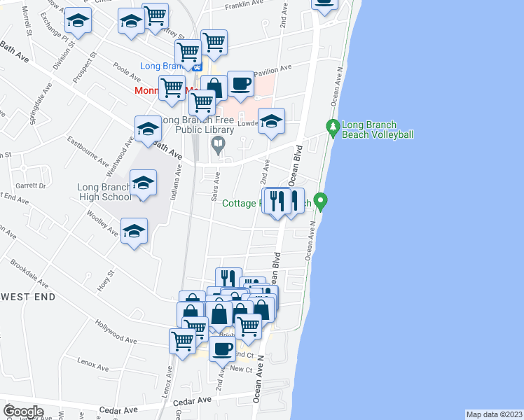 map of restaurants, bars, coffee shops, grocery stores, and more near 68 Cottage Place in Long Branch